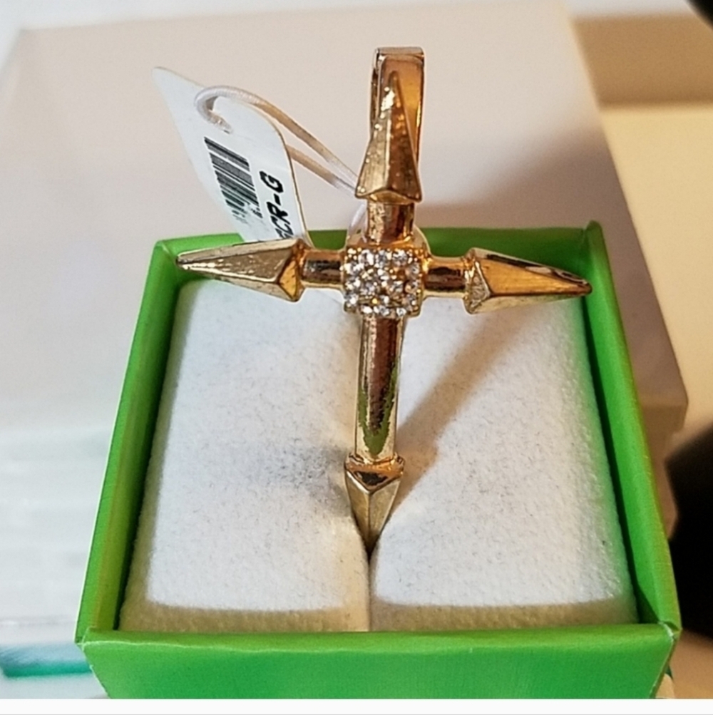 Cross Ring Double Finger Stretch Band Gold Tone